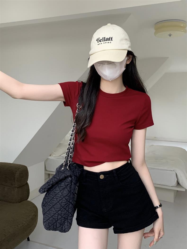 Solid Color Bottom Slim Short-Sleeved T-Shirt Women Summer Tide New Thin Short-Sleeved Top Woman