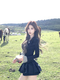 Hottie Lattice Tie Spliced Long-Sleeved Girl Spring Autumn Blouse Chic Niche Ponopne Half-Dress Skirt Suit