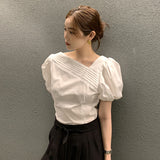 South Korea's New Summer Temperament Irregular Collar Design Sense Of Small Pressure Folding Bubble Sleeve Shirt Woman