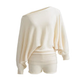 Autumn Maillard Wear Temperament Shoulder Sweater Oblique Shoulder Design Loose Knit Shirt Shorts Two Sets Of Women