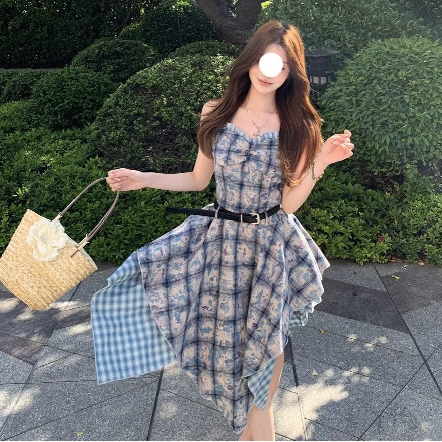 Blue Tie-Dye Splicing Lattice Sling Dress Femininity Summer Temperament Holiday Style Thin Irregular Long Skirt
