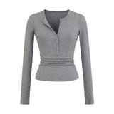 V-Neck Button Long-Sleeved T-Shirt V Collar Slimming Top New