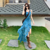Chiffon + Invisible Zipper Holiday Wind And Flowers Hanging Dress Women's Summer Design Irregular Dress Waist