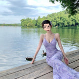 Sexy Pure Ambience Feeling Back Purple Dress Women Summer Slimming Tossed Fishtails Holiday Dress