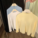 Super Good-Looking Wooden Ear With Velvet Knitted Jersey Women 2025 Autumn And Winter To Keep Warm And Pure Color Inside The Bottom Shirt Top