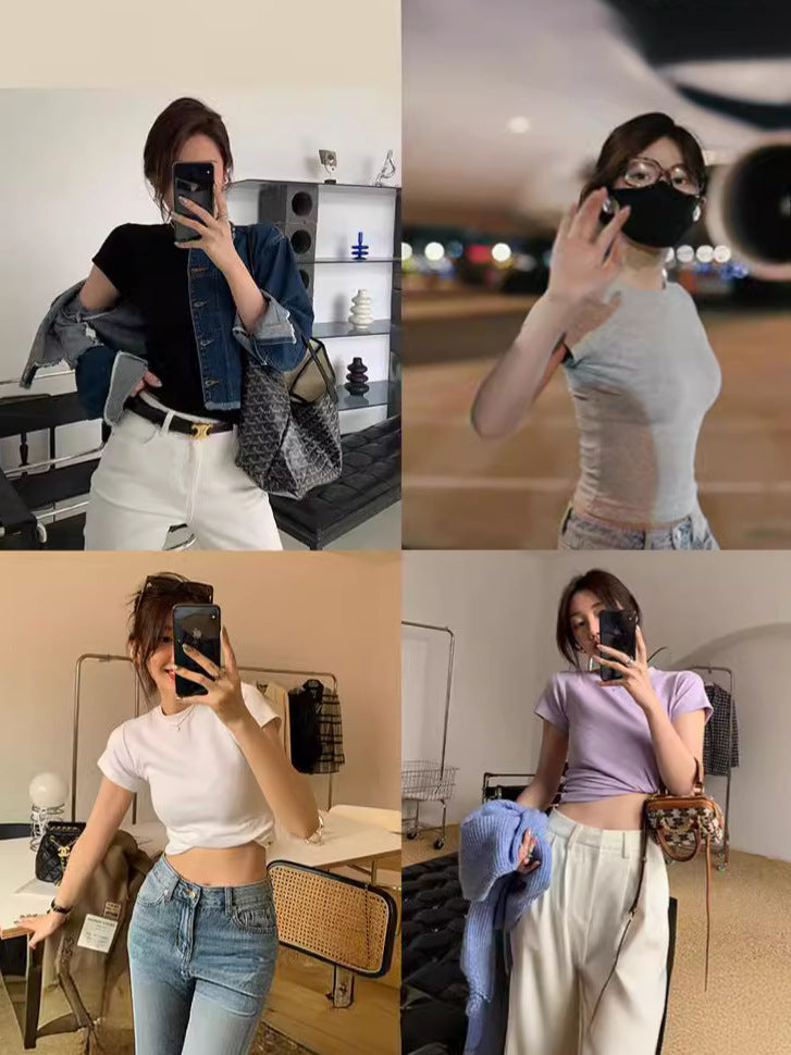 Solid Color Bottom Slim Short-Sleeved T-Shirt Women Summer Tide New Thin Short-Sleeved Top Woman