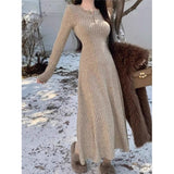 Female Yang Gas V-Neck Waist-Coat Knitted Skirt Solid Color Dress In The Long Dress French Temperament Knitted Spring And Autumn