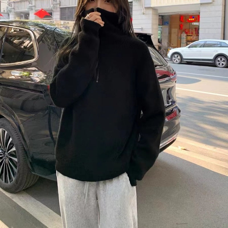 Autumn And Winter Pit Half Zipper Sweater Female Design Collar Soft Languid Lazy Outside Wearing Knitted Shirt Top