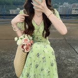 Large-Size Fat Mm Temperament V-Neck Collared Hua Bubble Bubble Sleeve Dress Women's New Summer Collection Waist Thin A Word Long Dress