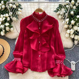 Drilled Lotus Loaf Collar Long-Sleeved Shirt Women Autumn Waist Temperament Chiffon Shirt Design Feel Beautiful Gold Feeling Top