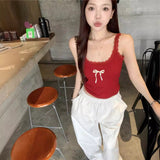 French Sweet Babes Sexy Red Lace Sling Vest Women Summer Bow Print Thin Short Top Tide