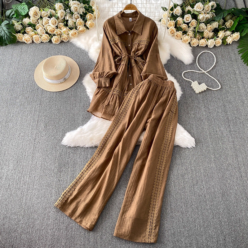 Gentle-Wind Pink Lace Spliced Lap-Over Shirt Long-Lens Waist Coat Two Sets Of High-Rise Thin Leg Pants
