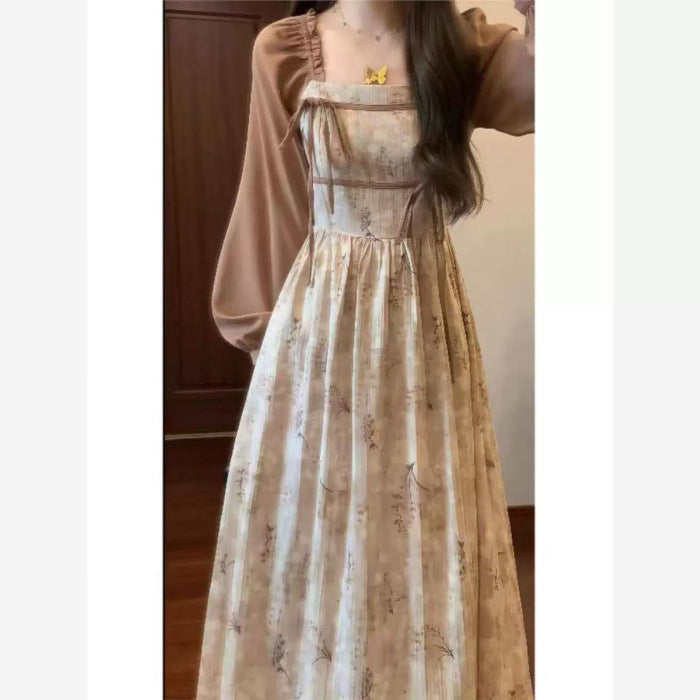 Large-Size Fat Mm Retro High-End Feeling Super Good-Looking Two Tea Break Flower Dress Niche Does Not Hit The Long Skirt