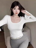 Ins Sexy Babes U Collar Bottomed Long-Sleeved T-Shirt Girl Spring And Autumn Korean Version Of Long-Sleeved T-Shirt Women's Top