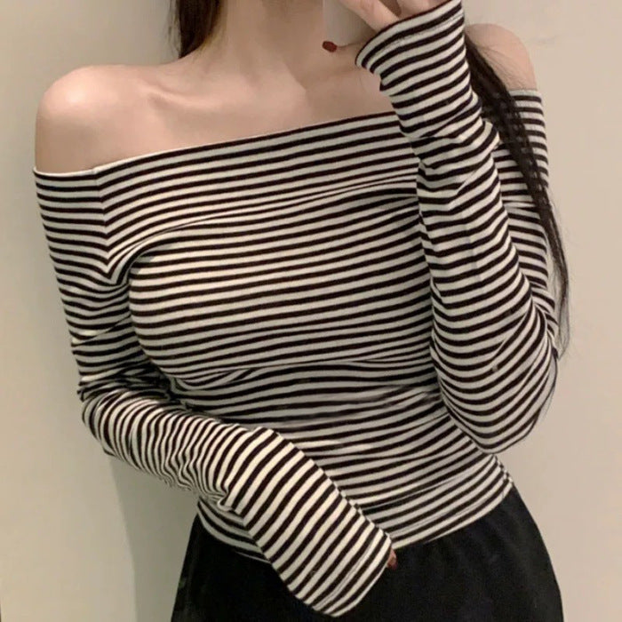 Ins Sexy Pure Oceanic Stripes With Long-Sleeved T-Shirt Girl Collarbone Collared Blouse
