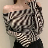Ins Sexy Pure Oceanic Stripes With Long-Sleeved T-Shirt Girl Collarbone Collared Blouse