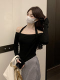 2026 Word Shoulder Hanging Neck Long-Sleeved T-Shirt Woman Autumn New Hot Girl With A Short Bottom Shirt Top