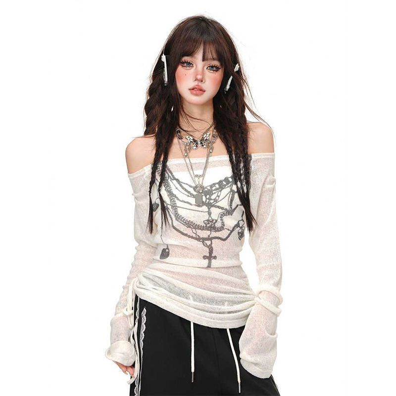 Fashion Thin Design Sense Shoulder Long-Sleeved T-Shirts Summer New Sweet Slim Thin Long Top
