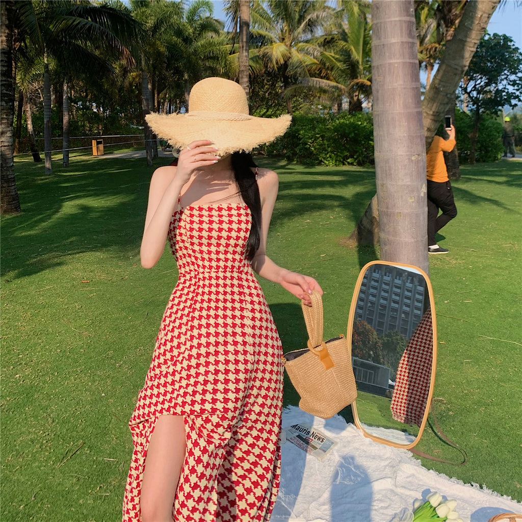 Small Man French Open Fork Thousand Bird Lattice Skirt 2025 Summer Temperament Light Style Dress Explosion