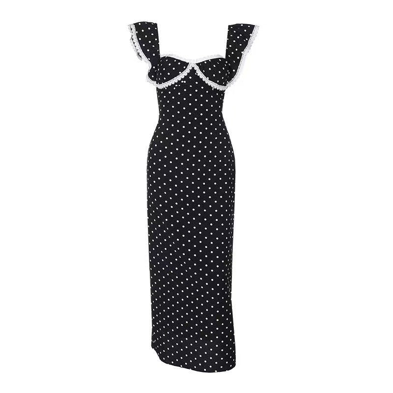 High-Level French Temperament Lace Side Wave Dot Dress Women's Large Size Micro Fat Mm Thin Waist Long Skirt Summer
