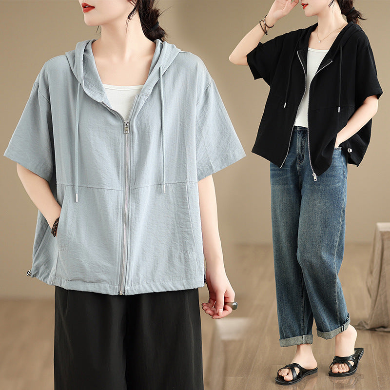 Real Shooting Summer New Hooded Solid Color Casual Pocket Shirt Zipper Small Jacket Under The Sleepe Rope Top