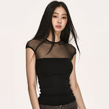 Vintage Mesh Splicing Round-Neck Short-Sleeved T-Shirt Girl Summer New Hot Girl Style Slimming Top