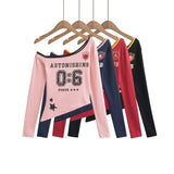 Personality Hottie Autumn New Printed Collared Shoulder Bumpy Long-Sleeved T-Shirt Collared Asymmetrical Collar