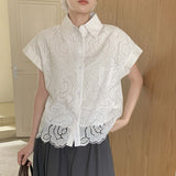 Embroidery Flowers Hollow Shirt Women's Short Sleeves 2026 Summer New Korean Version Of Thin Loose Collar Top