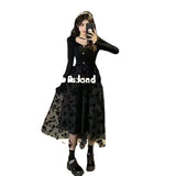 Gentle Wind Black Fried Street Dress Women 2025 Autumn And Winter New Long Sleeves To Close The Waist Thin Net Grankin Floral Skirt
