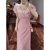 Korean Version Of The Red Lattice Dress Women's Summer New Small Man Looks Unique Beautiful Lace Dress