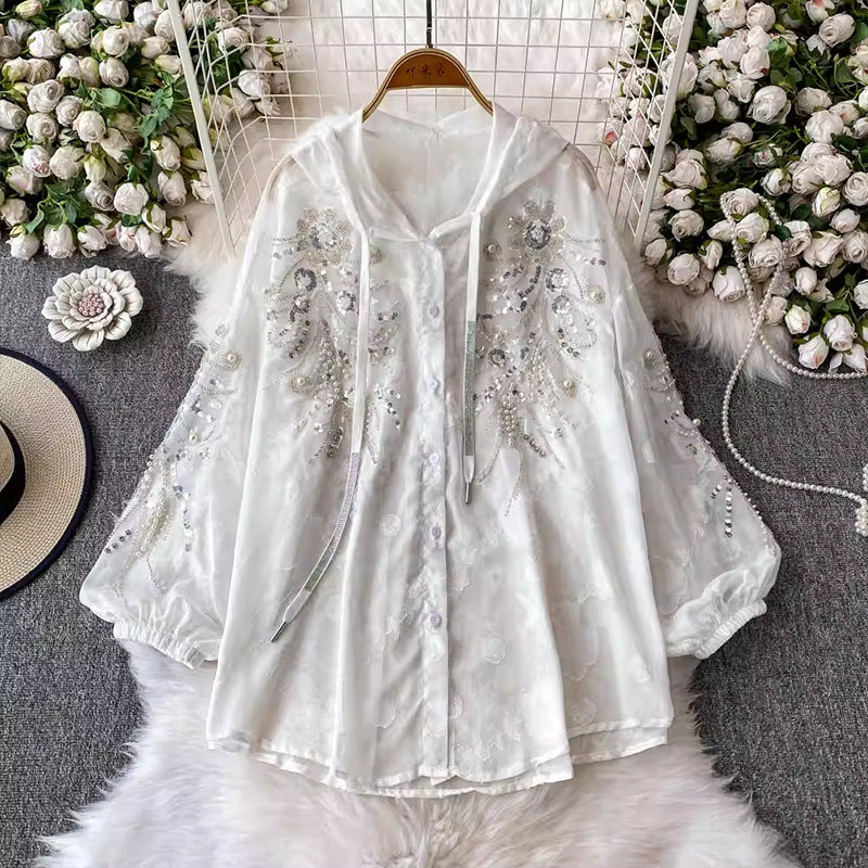 Light Luxury High-End Heavy-Working Sequin Nail Lantern Sleeve Shirt Coat Casual Sunscreen Loose Thin Hooded Shirt