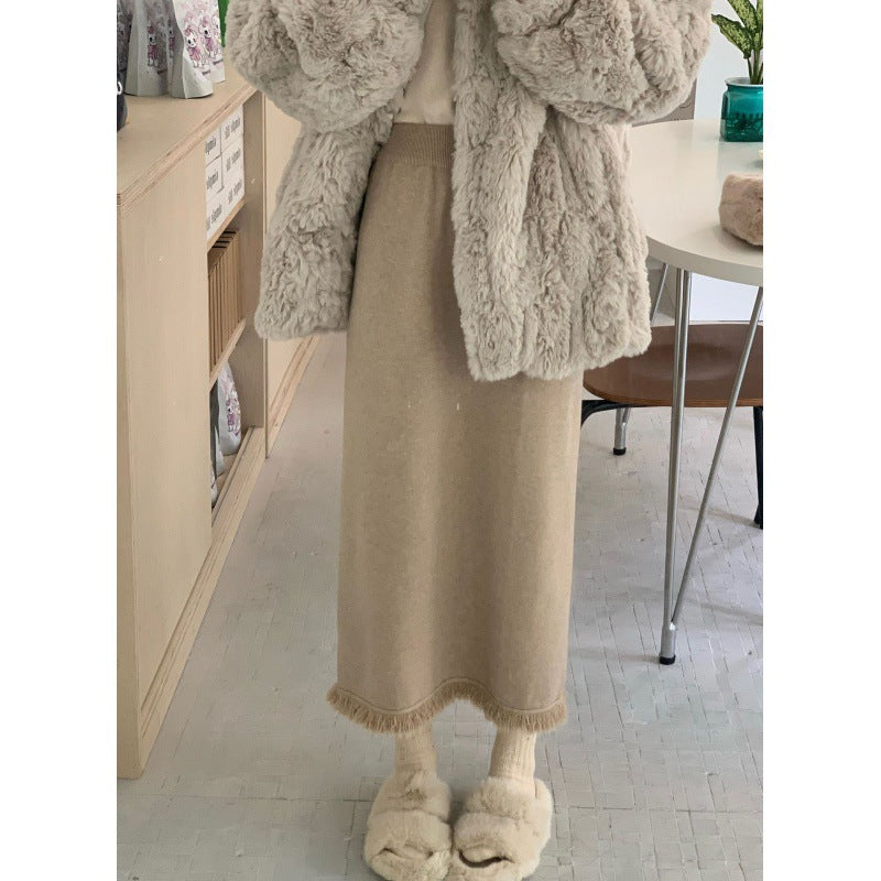 2026 Autumn And Winter New Tassel Knitted Half-Dress Woman Thick Medium Long A Skirt Open Fork Hair Bag Long Skirt