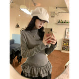 Dehian Warm Half-High Collar Long-Sleeved T-Shirt Girl Autumn And Winter Lace Splicing Inside The Bottom Shirt Top