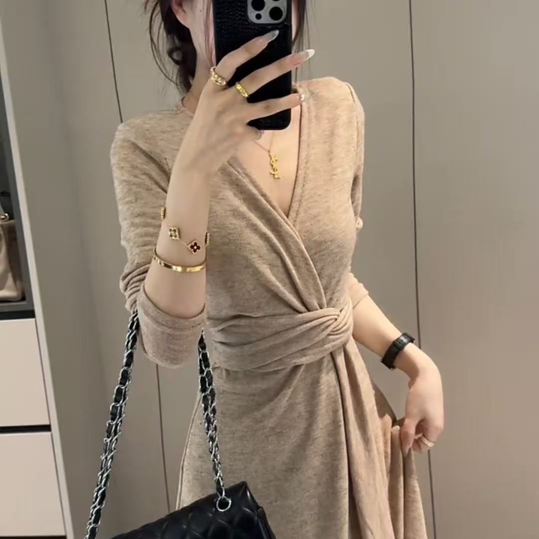 (Original Fabric) Temperament Strap V Tie Knot Dress Women's Autumn New Pure Lust Wind To Show Skinny Dress