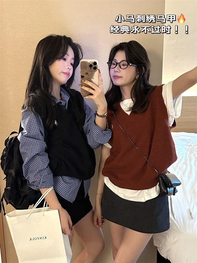 Green Tea Small Pony Embroidery Han Ling Wearing Chic Chic Folding Vest College Blouse