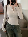 Ins Sexy Pure-Want Button Breast-Feeding Long-Sleeved T-Shirt Women's Autumn Dress V-Neck Fashion Slimming Bottom Top Women's T-Tide