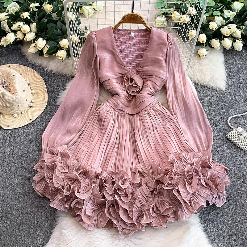 Net Red Niche High-Level Flow Light Tulle V-Neck Dress Female Heavy Industry Ponphysolious Three-Dimensional Lotus Leaf Side Skirt