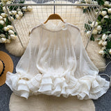 Sweet-Wind Pink Skin-To-Breed Moaf-Side Shirt For Women's Summer Long-Sleeved Pearl Decorated Chick Commuting Top