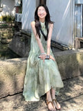 New Chinese Women's Sleeveless Hanging Neck Dress Summer Cold Slack Feeling Wearing Slings Green Broken Flower Dress