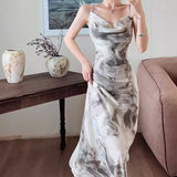 Sexy Ink Painting Dizzling Sling V-Neck Dress Women Summer Retro Style Dew Temperament H-Shaped Long Dress