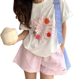 Pink Embroidery Striped Shorts Wide-Legged Women's Summer New High-Waisted Casual A-Word Sweatpants Three-Dimensional Waist Whole Piece Inside