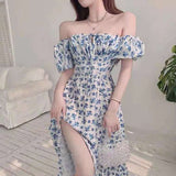 Blue Floral Dress Women's New Long Open Fork Dress Temperament Design Tea Break French Dress