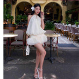 Vietnamese Wrinkled Flowers High-Grade Feeling Small White Skirt Milk White Ponbo Pearl Hanging Neck Skirt Temperament Goddess