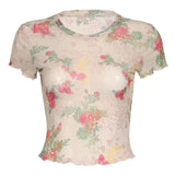 Vintage Crumid Print Mesh Yarn Short-Sleeved T-Shirt Girl Summer Sweet Hottie Slim Slimming Short Top