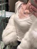 Pure-Want Sexy Lace Lace V Collar Bottom Shirt Women Autumn And Winter Thread De-Velvet Slim Slime Inside The Clothes