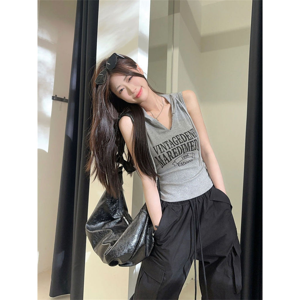 Fashionish Letter-Print Hooded Vest Women's Summer New Hottie Design With A Short Top