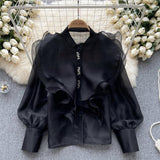 Autumn New Light Luxury Fairy Wind Lotus Leaf Side Long-Sleeved Shirt Female Mesh Design High-End Temperament Blouse