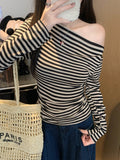 Autumn Pure Lust Sexy Slanted Side-Striped Shoulder Word-Collared Long-Sleeved T-Shirt Girl Slimmed Hottie Top