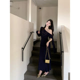 Wine Red Ribbon With Oblique Shoulder Long-Sleeved Dress Women Winter Body-Repair Irregular Dress Pure Want To Pack Hip Dress
