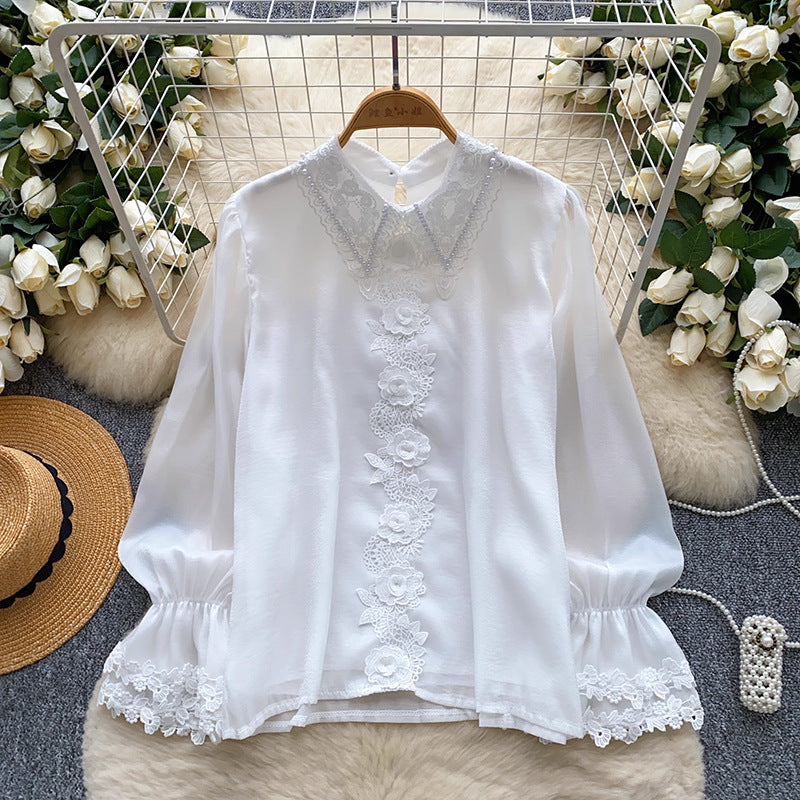 French Design Sense Of A Small Chic Top Female Heavy Industry Nail Lace Splicing Bead Mesh Yarn Shirt Female Gentle Wind
